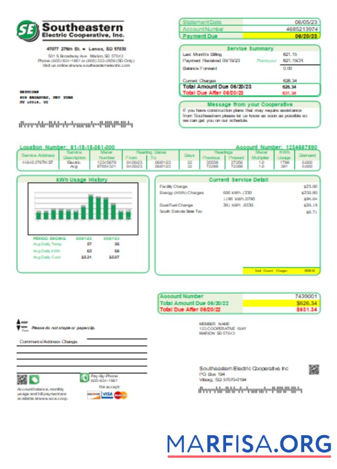 Realistic Southeastern Electric Cooperative, Inc. utility business bill, SCR sample